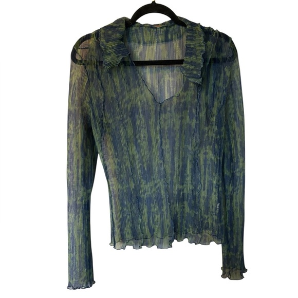 Free People Blue Green Sheer Mesh Long Sleeve Top with Collar Size Large - Picture 1 of 3